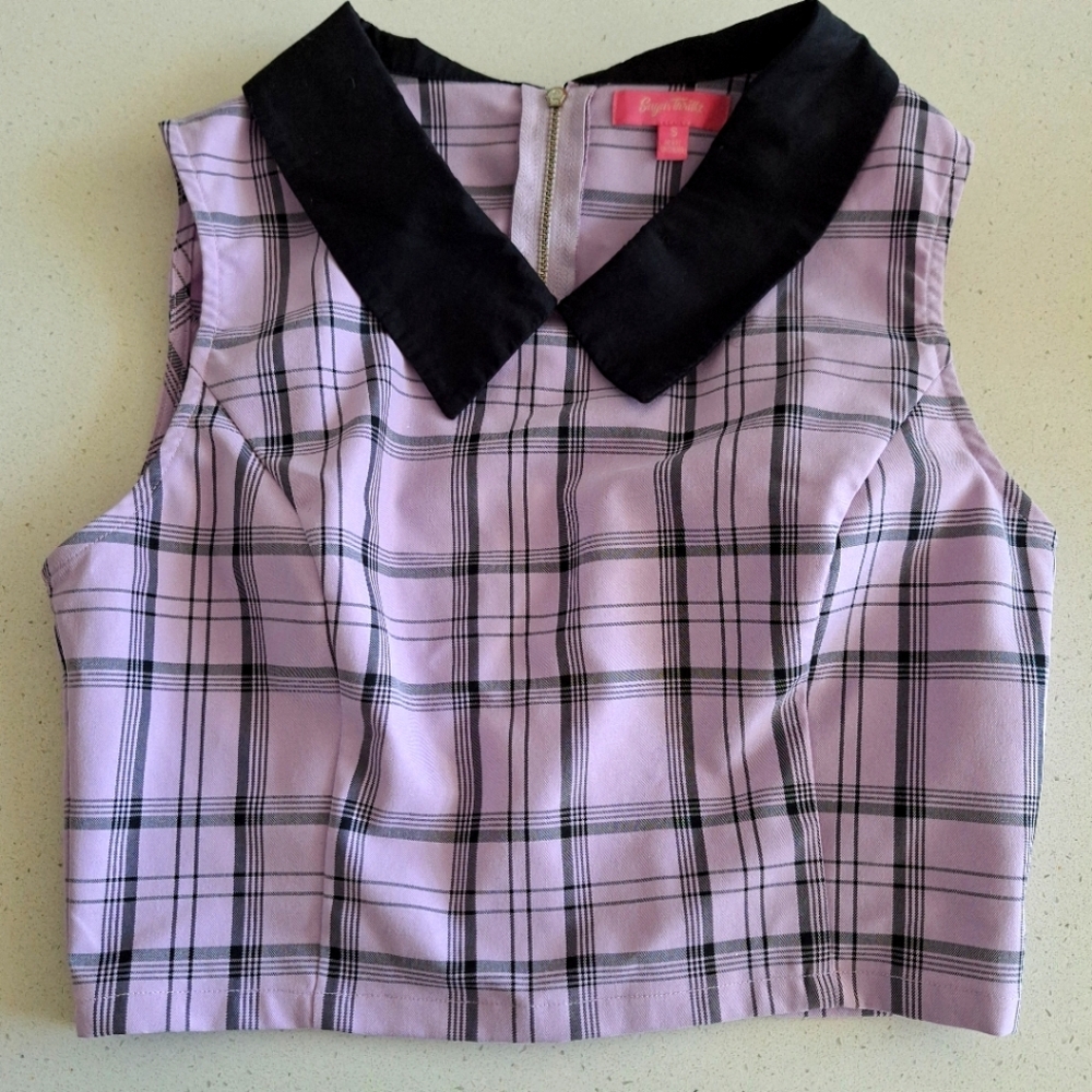 Sugar Thrillz Cropped Preppy top, Pink with Plaid design and Full Back Zipper